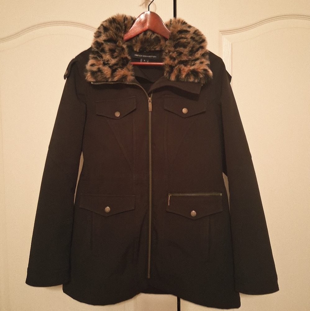 French Connection Faux Fur trimmed leopard collar jacket